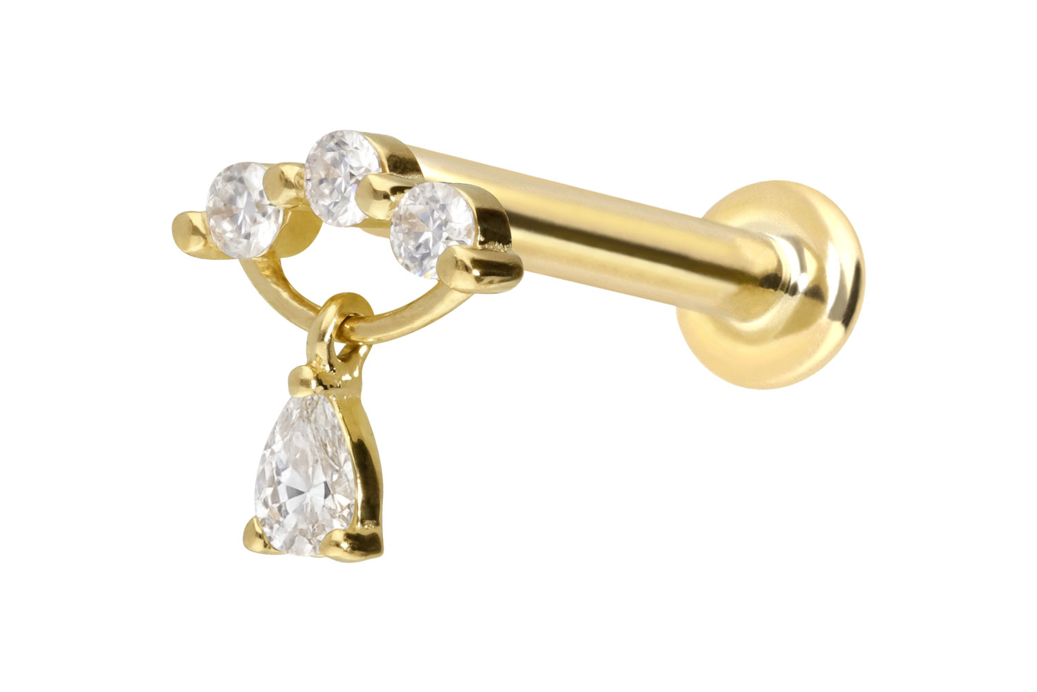 14 Karat Gold Labret Piercing mit Innengewinde MOISSANIT-BOGEN + MOISSANIT-TROPFEN